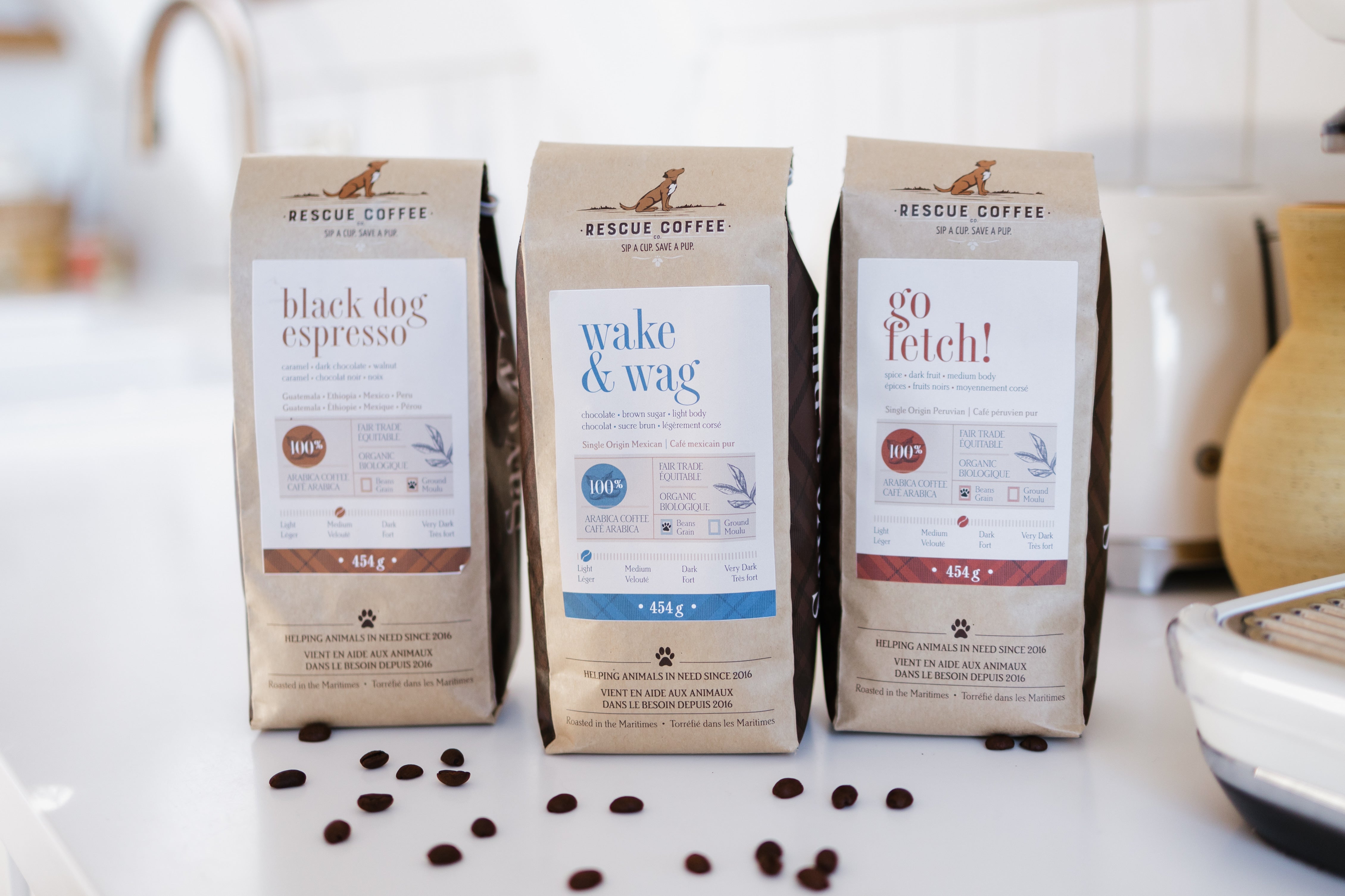 3 bags of Rescue Coffee Co beans. Black Dog Espresso, Wake & Wag, and Go Fetch!