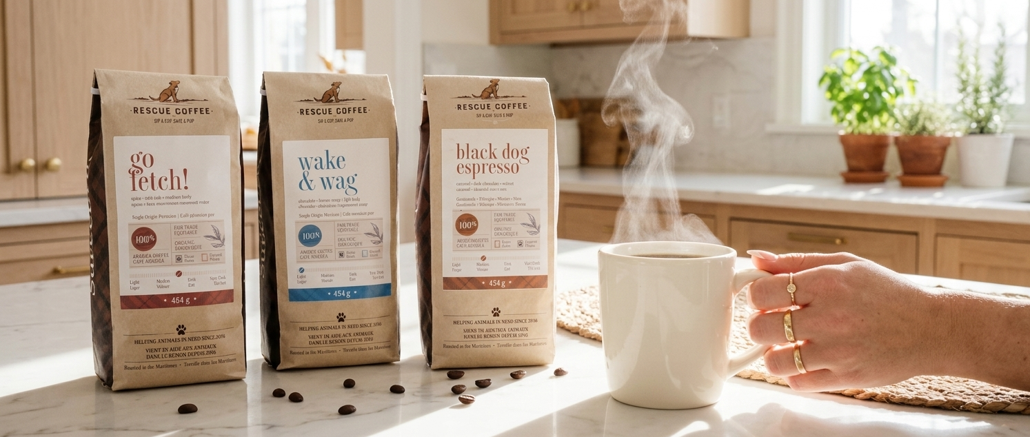 Three coffee bags on a kitchen counter with a steaming cup of coffee and a hand holding it.