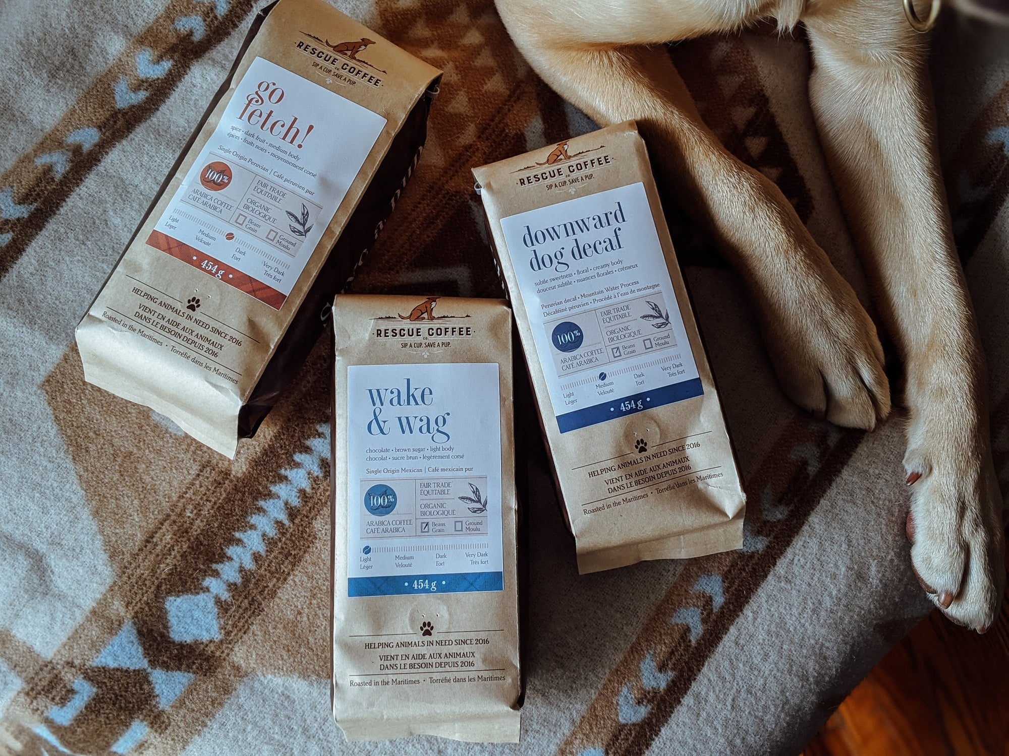 3 Rescue Coffee Co bags of coffee beans in Go Fetch, Wake and Wag and Downward Dog Decaf.