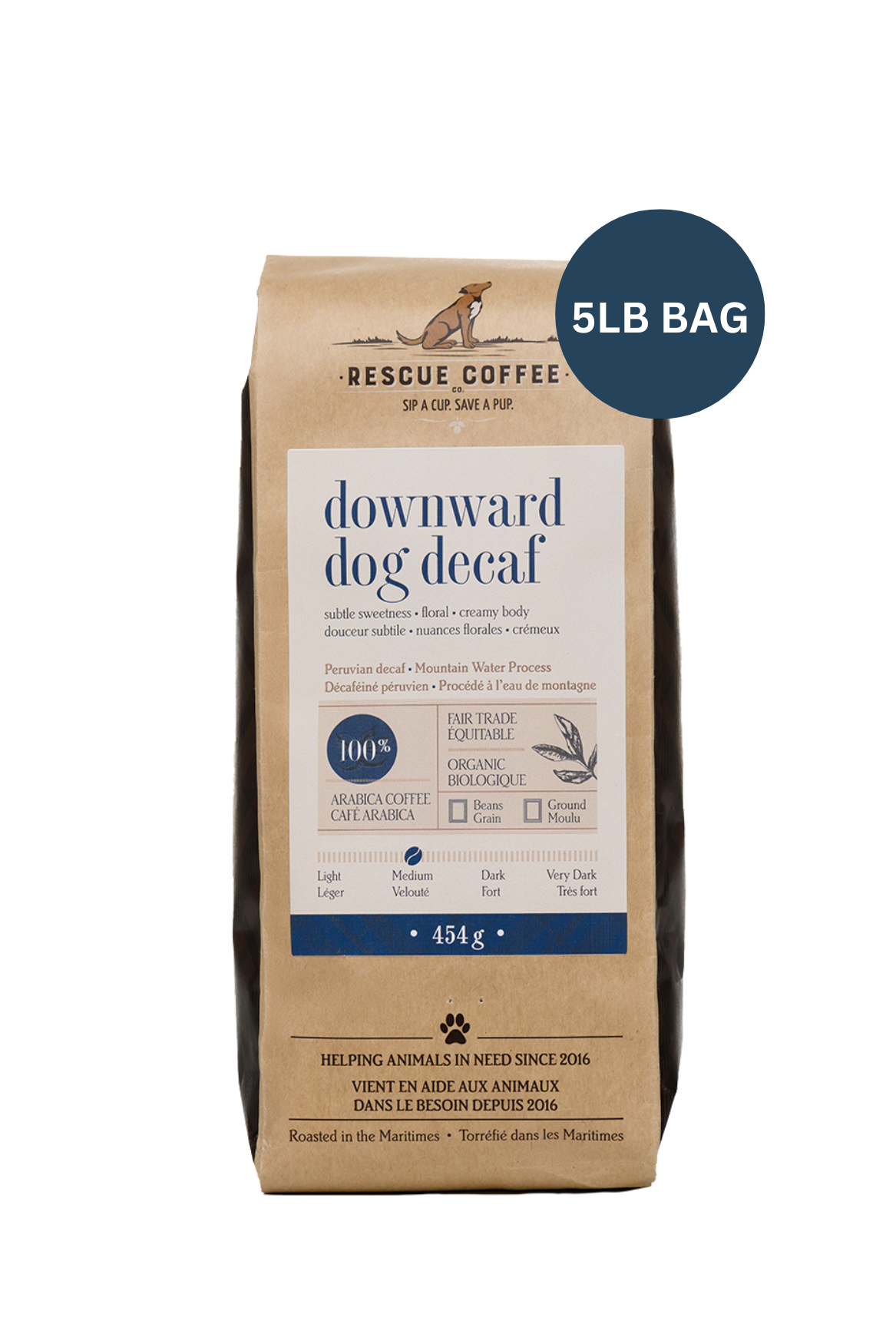 Downward Dog Decaf | Medium Roast | 5lb Bag | Organic Coffee - Rescue Coffee Co.