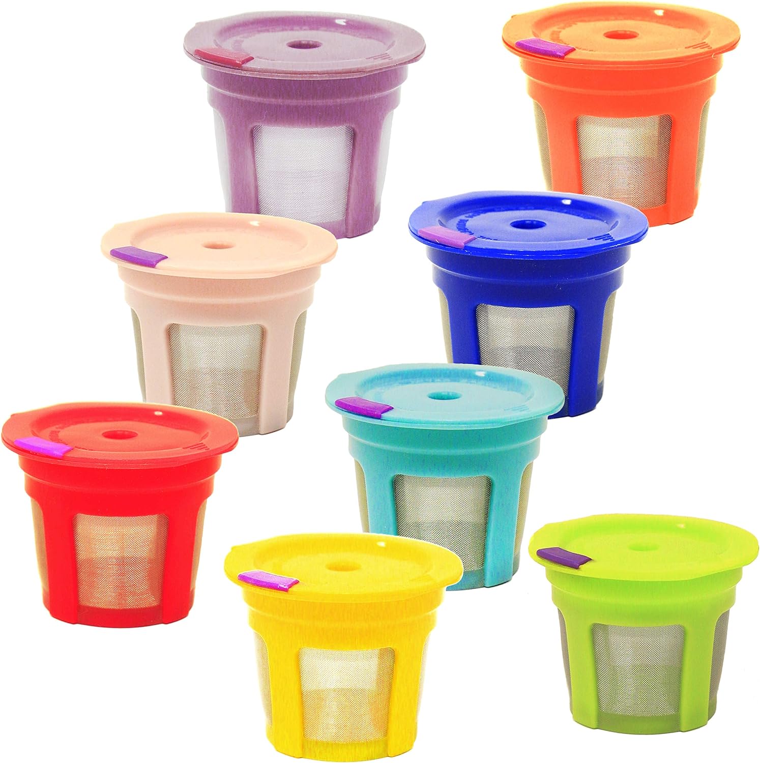 8 Reusable K-Cups showcasing all the colours, purple, orange, pink, blue, red, teal, yellow and green