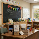 Classroom with a chalkboard, books, and educational materials.